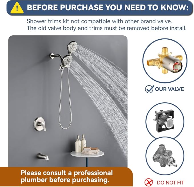 L829-2 Brushed Nickel Shower Faucet Set - Complete Dual Shower Head & Handheld Combo, Tub Spout & Trim Kit - Image 2