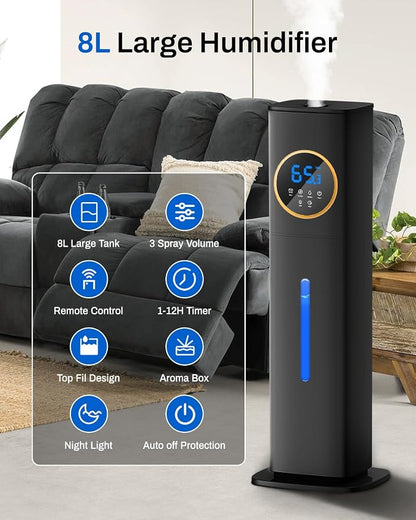 Humidifier Large Room Bedroom with Night Light, 2.1Gal(8L) Humidifiers for Home with Essential Oil Diffuser, Top Fill Whole House Cool Mist Humidifiers for Plants Baby Kids Adults(Black) - Image 3