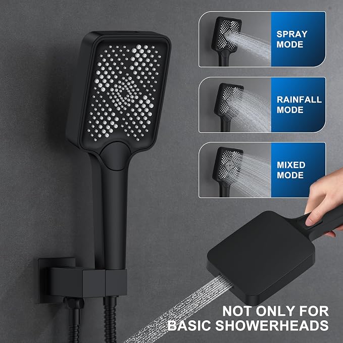 Bathtub Shower Faucet Set with Pressure Balance Valve, 12" Ceiling Mount Shower System with Tub Spout Multi-function Handheld Head Push Button Diverter Shower Trim Kit, Matte Black - Image 4