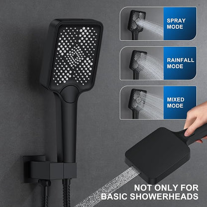 Bathtub Shower Faucet Set with Pressure Balance Valve, 12" Ceiling Mount Shower System with Tub Spout Multi-function Handheld Head Push Button Diverter Shower Trim Kit, Matte Black - Image 4