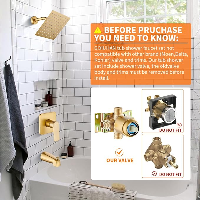 Brushed Gold Tub Shower Faucet Set Complete with 8-Inch Rainfall Shower Head and Tub Spout Included Shower Valve Tub Shower Trim Kit Matte Black - Image 2