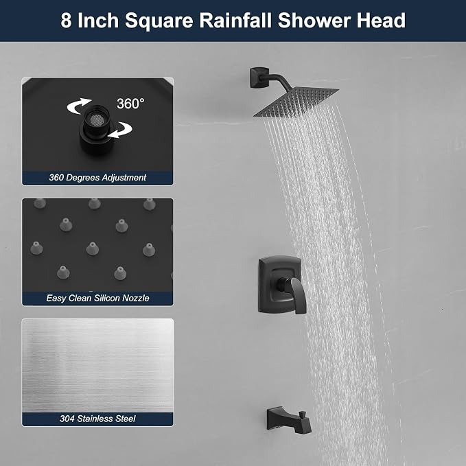 Tub Shower Faucet, Matte Black Shower Faucet Set with 8-Inch Square Rain Shower Head and Tub Spout, Brass Shower System Bathtub Shower Faucet Set Complete, Tub shower faucet set with valve - Image 3