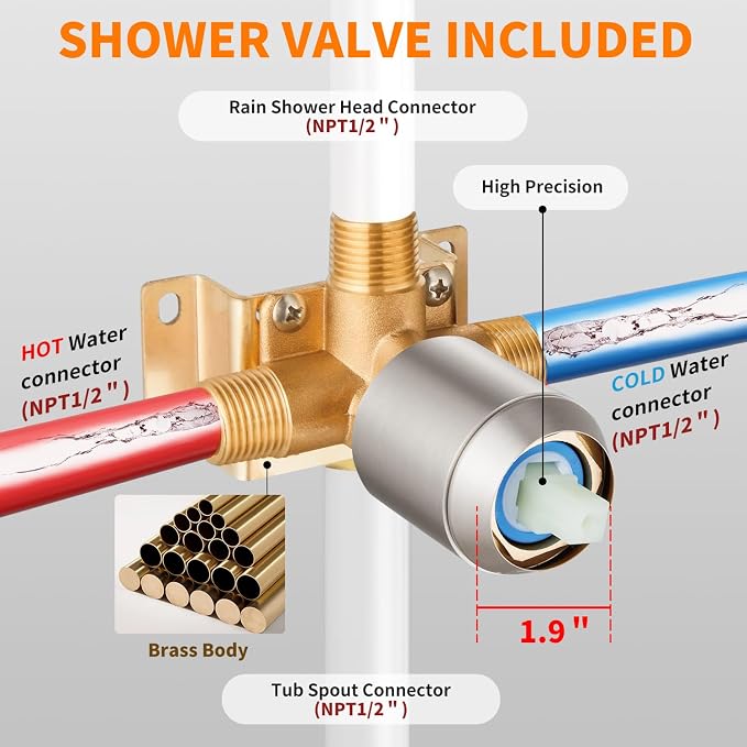 Brushed Nickel Tub Shower Faucet Set Complete with 8-Inch Rainfall Shower Head and Tub Spout Included Shower Valve Tub Shower Trim Kit Matte Black - Image 7