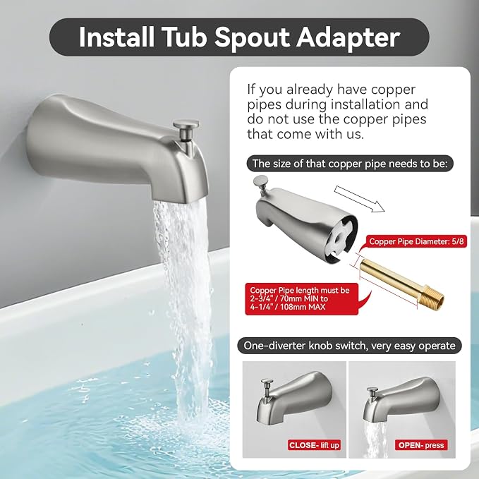 2 Handle Shower Faucet Set with Tub Spout 6-Spray Shower Head and Handle Set Shower Trim Kit with Rough-in Valve Bathroom Shower Faucet Valve Trim Kit Brushed Nickel - Image 7