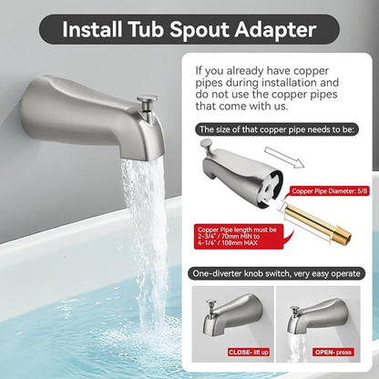 2 Handle Shower Faucet Set with Tub Spout 6-Spray Shower Head and Handle Set Shower Trim Kit with Rough-in Valve Bathroom Shower Faucet Valve Trim Kit Brushed Nickel - Image 7