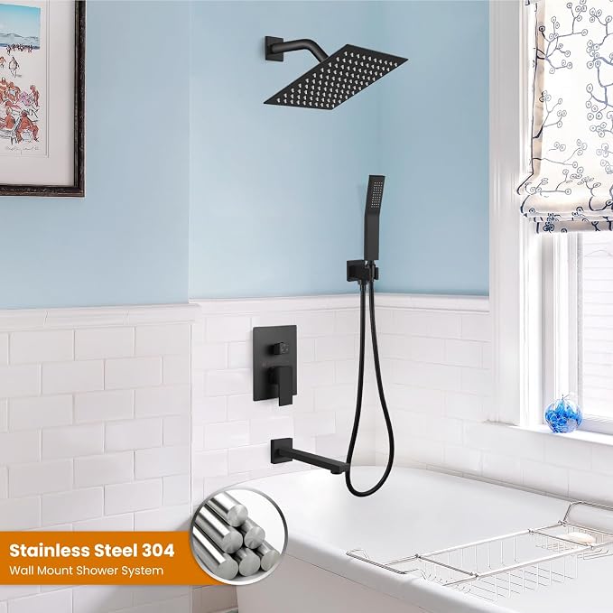 gotonovo Shower System with Tub Spout Wall Mounted Rain Shower Head and Handle Combo Shower Faucet Set with Valve, 8 Inch, Matte Black - Image 2