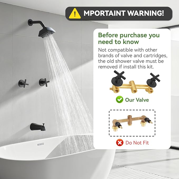 2 Handle Shower Faucet Set with Tub Spout 6-Spray Shower Head and Handle Set Shower Trim Kit with Rough-in Valve Bathroom Shower Faucet Valve Trim Kit Matte Black - Image 2