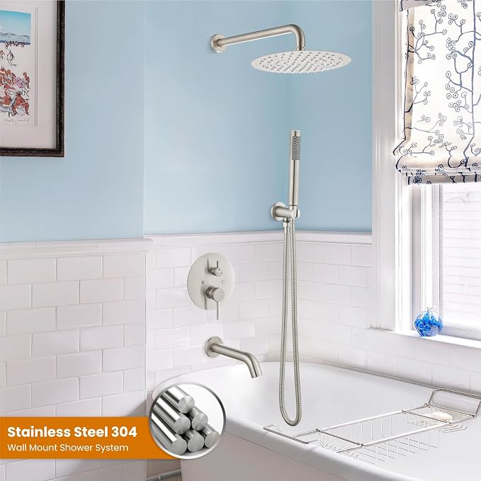 gotonovo Shower System with Tub Spout Wall Mount 3 Function Rough-in Valve Bathtub Shower Faucets Set Complete Rain 10 Inch Round Showerhead Trim Kit Combo, Cylindrical Handheld, Brushed Nickel - Image 2