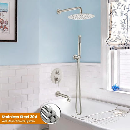 gotonovo Shower System with Tub Spout Wall Mount 3 Function Rough-in Valve Bathtub Shower Faucets Set Complete Rain 10 Inch Round Showerhead Trim Kit Combo, Cylindrical Handheld, Brushed Nickel - Image 2