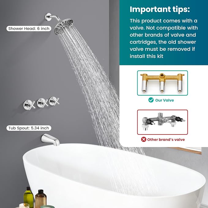 gotonovo 3 Handle Tub Shower Faucet Set, Tub and Shower Faucet Combo,Bathtub Faucet Set with 6 Settings Shower Head and Waterfall Tub Spout, Tub and Shower Trim Kit, Tub Shower Fixture Polished Chrome - Image 2