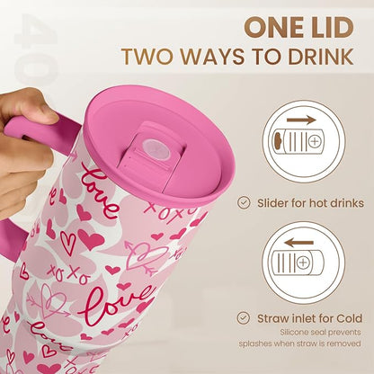 SANDJEST Heart Tumbler with Handle 40oz, Valentines Stainless Steel Insulated Tumblers Coffee Travel Cup with Straw Lid, Gifts for Women Girl - Image 5
