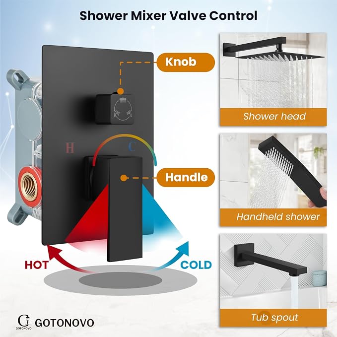 gotonovo Shower System with Tub Spout Wall Mounted Rain Shower Head and Handle Combo Shower Faucet Set with Valve, 10 Inch, Matte Black - Image 3