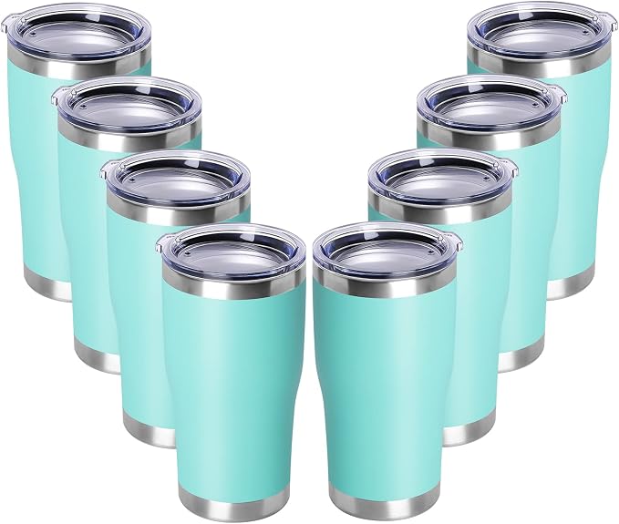 DOMICARE 20oz Tumbler with Lid Stainless Steel Tumblers Bulk, Double Wall Vacuum Insulated Coffee Travel Mug Powder Coated Tumbler, 8 Count (Pack of 1) Light Blue by VisittheDOMICARE