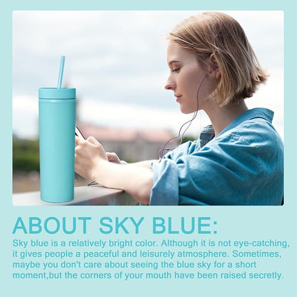 sweet grain Skinny Tumblers with Lids and Straws(6 Pack) - 16oz Matte Pastel Colored Skinny Acrylic Tumblers, Double Wall Plastic Tall Skinny Tumblers Bulk for Cold Hot Drinks - Sky Blue - Image 7