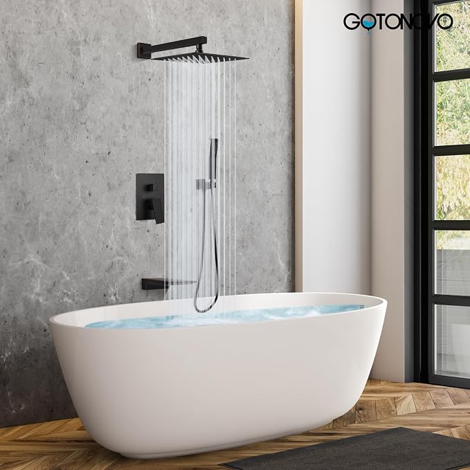 gotonovo Shower System with Tub Spout,Waterfall Tub Shower Faucet Set for Bathroom Head and Handle Set Wall Mounted 3 Function Rough-in Valve and Trim Included 12 inch Shower Head Oil Rubbed Bronze - Image 2