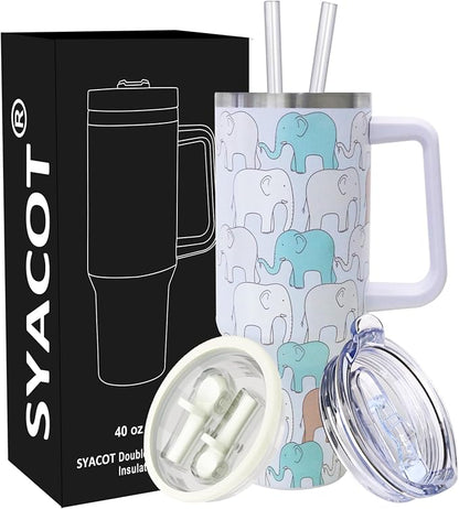 SYACOT 40 oz Tumbler with Handle and Straw Stainless Steel Insulated Tumbler Leak Proof Lid and Straw Lid Reusable Travel Mug Coffee Mug Cup Dishwasher Safe Keep Drinks Cold and Hot (LittleElephant) by SYACOT