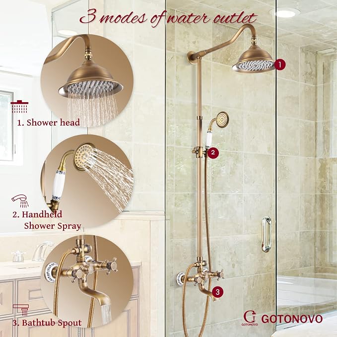 gotonovo Shower Fixture Faucet Set Complete Antique Brass Exposed Pipe Shower System 8 Rain Shower 2 Double Knobs Handle Triple Function Tub Spout Shower Combo Unit Set - Image 2