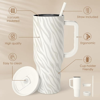SANDJEST Zebra Skin 40oz Slider Tumbler with Handle and Straw - Insulated Stainless Steel Travel Coffee Mug for Women Girls, Gift for Birthday, Christmas - Image 2