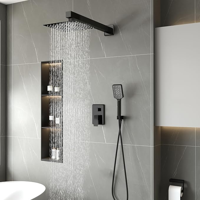 Shower Head Matte Black, Shower Faucet Set Bathroom Shower System with 8 inch Square Rain Shower Head Wall Mounted with 3-Setting Handheld Spray, Rainfall Shower Combo Set - Image 2