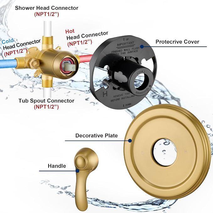 Brushed Gold Shower Tub Faucet Set with Valve, 6-Inch Gold Shower Head and Handle Set, High Pressure Shower Tub Trim Kit, Bathroom Shower Faucet Set With Shower Head and Tub Spout - Image 7