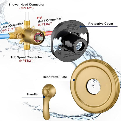 Brushed Gold Shower Tub Faucet Set with Valve, 6-Inch Gold Shower Head and Handle Set, High Pressure Shower Tub Trim Kit, Bathroom Shower Faucet Set With Shower Head and Tub Spout - Image 7