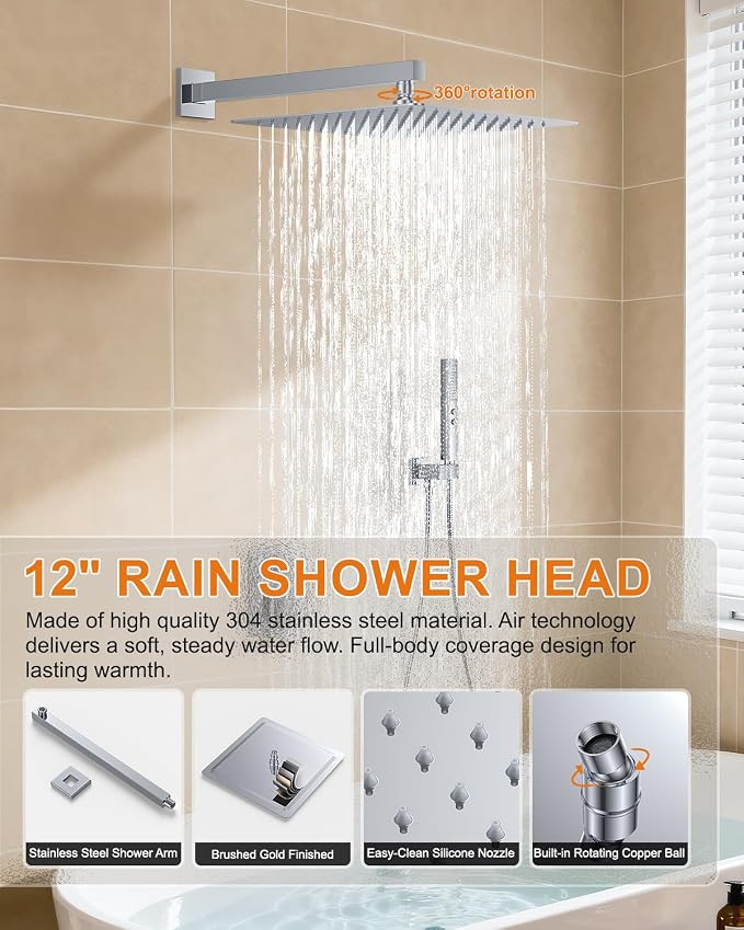 Chrome Shower System with Tub Spout, Wall Mounted Bathtub Shower Faucet Set, 12" Rainfall Shower Head and Handheld Shower Combo, High Pressure Shower Fixtures Set with Rough-in Valve - Image 6