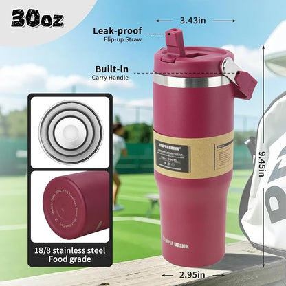 30oz Flip Straw Insulated Water Bottle with Handle, Leak Proof Stainless Steel Travel Tumbler With Lid, Double Wall Vacuum Iced Coffee Travel Mug, Sport Cup, Outside use - Image 2
