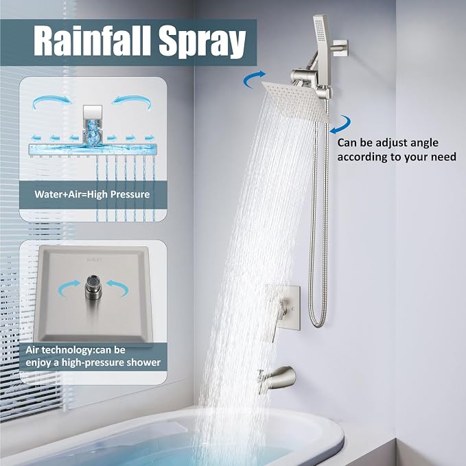 Aolemi Shower Tub Faucet Set with Handheld Spray Shower System Single Shower Rainfall Head and Handle with Tub Spout Combo Rough-in Valve Included Shower Trim Kit 6 Inch Shower Head Brushed Nickel - Image 4