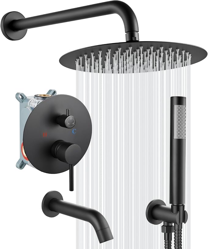 gotonovo Shower System with Tub Spout Wall Mount 3 Function Rough-in Valve Bathtub Shower Faucets Set Complete Rain 10 Inch Round Showerhead Trim Kit Combo, Cylindrical Handheld, Matte Black by HOME