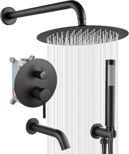 gotonovo Shower System with Tub Spout Wall Mount 3 Function Rough-in Valve Bathtub Shower Faucets Set Complete Rain 10 Inch Round Showerhead Trim Kit Combo, Cylindrical Handheld, Matte Black by HOME