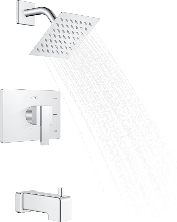 KENES Chrome Tub and Shower Trim Kit, Square Tub Shower Faucet Set Complete with 6-Inch Rainfall Shower Head and Tub Spout, KE-6025A-5 (Shower Valve Included) by KENESBathroomKitchen