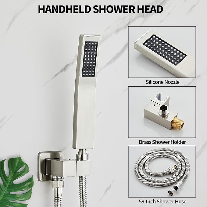 Brushed Nickel Rainfall Shower Faucet Set with Tub Spout 10 Inch, Shower Head and Handle with 2 Hooks, Rain Shower and Handheld Shower System Square Wall Mount for Bathroom - Image 5