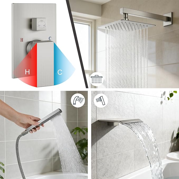 Midanya Shower System with Tub Spout,Bathtub Shower Faucet Set with Square Rainfall Head and Handheld Sprayer Wall Mount Tub Faucet Set with Valve and Trim Kit,12 Inch Brushed Nickel - Image 4