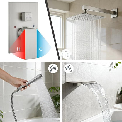 Midanya Shower System with Tub Spout,Bathtub Shower Faucet Set with Square Rainfall Head and Handheld Sprayer Wall Mount Tub Faucet Set with Valve and Trim Kit,12 Inch Brushed Nickel - Image 4