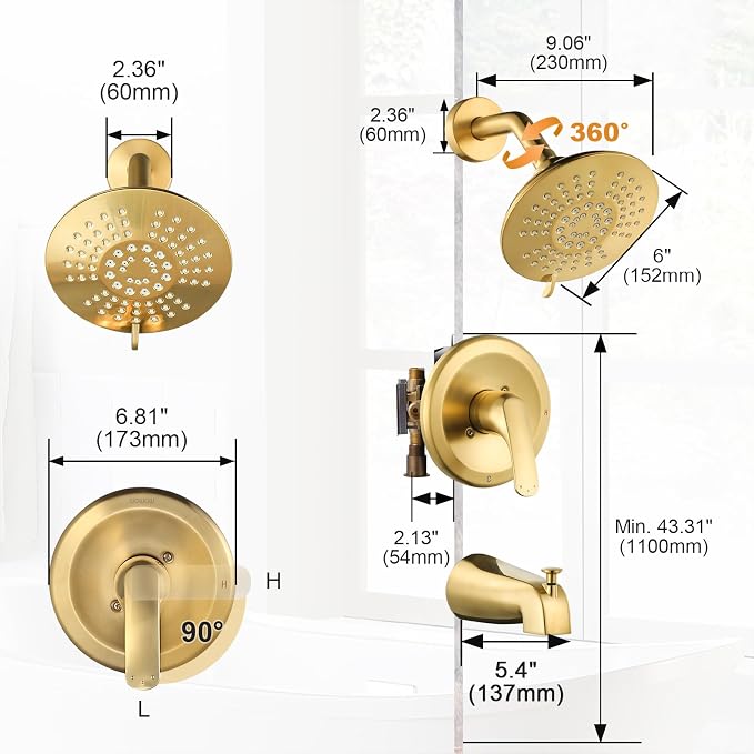 Shower Faucet with Valve, Bathroom Tub Shower Faucet Kit, Single Handle Rain Shower Head with Tub Spout, Solid Brass Shower Tub Faucet Set Complete, Bathtub Faucet with Shower, Brushed Gold - Image 7