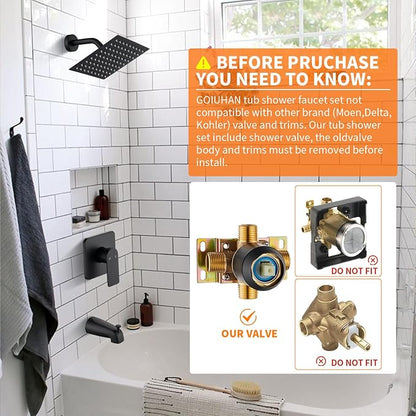 Black Tub Shower Faucet Set Complete with 8-Inch Rainfall Shower Head and Tub Spout Included Shower Valve Tub Shower Trim Kit Matte Black - Image 2