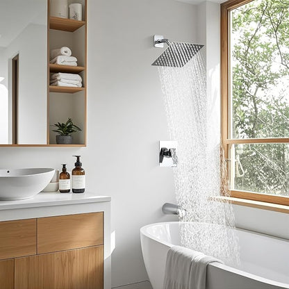 Shower Faucet Set with Tub Spout, 8 Inch Square Wall Mounted Rainfall Shower Head with Rough-in Valve Body, Bathroom Shower Trim Kit Single Function RV Shower System(Chrome) - Image 2