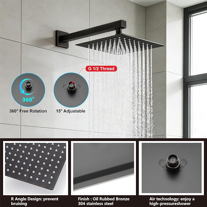 Midanya Shower System with Tub Spout,Bathtub Shower Faucet Set with Square Rainfall Head and Handheld Sprayer Wall Mount Tub Faucet Set with Valve and Trim Kit,10 Inch Oil Rubbed Bronze - Image 8