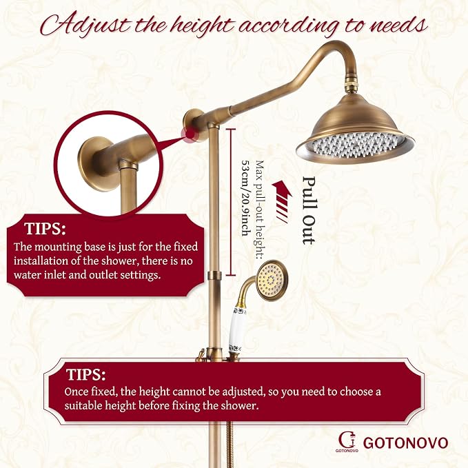 gotonovo Shower Fixture Faucet Set Complete Antique Brass Exposed Pipe Shower System 8 Rain Shower 2 Double Knobs Handle Triple Function Tub Spout Shower Combo Unit Set - Image 6