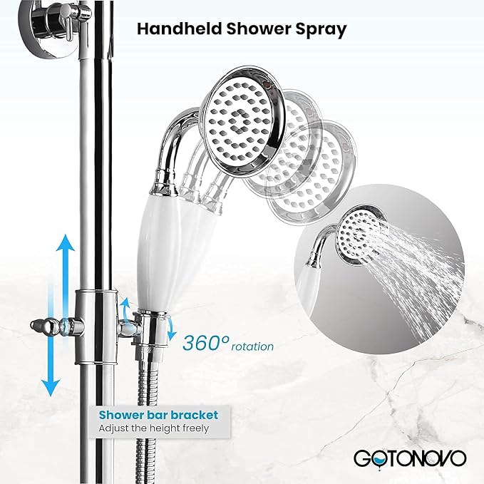 gotonovo Bathroom Exposed Shower Faucet Outdoor Shower System 8 Inch Rainfall Shower Head Set with Tub Spout and Handheld Spray Double Cross Handles Wall Mount without Shower Shelf Polished Chrome - Image 8
