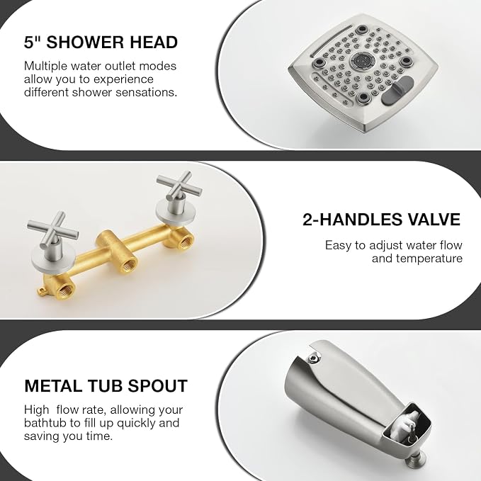 2 Handle Shower Faucet Set with Tub Spout 6-Spray Shower Head and Handle Set Shower Trim Kit with Rough-in Valve Bathroom Shower Faucet Valve Trim Kit Brushed Nickel - Image 4