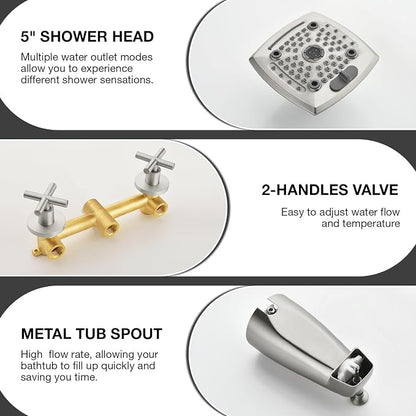 2 Handle Shower Faucet Set with Tub Spout 6-Spray Shower Head and Handle Set Shower Trim Kit with Rough-in Valve Bathroom Shower Faucet Valve Trim Kit Brushed Nickel - Image 4