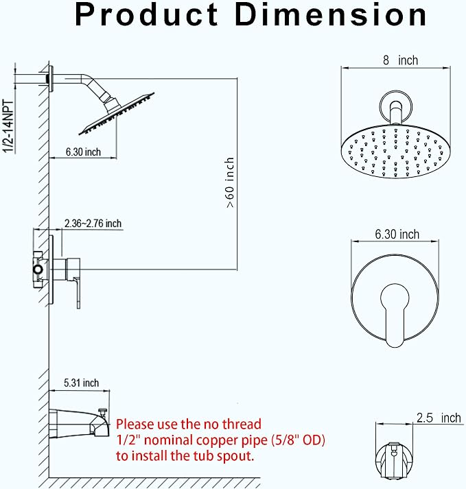 Tub Shower Faucet, Polished Chrome Shower Faucet Set with 8-Inch All-Metal Rainfall Showerhead and Bathtub Spout, Single-Handle Tub Shower-Trim Kit Included Valve, Polished Chrome - Image 7