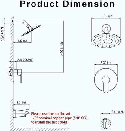 Tub Shower Faucet, Polished Chrome Shower Faucet Set with 8-Inch All-Metal Rainfall Showerhead and Bathtub Spout, Single-Handle Tub Shower-Trim Kit Included Valve, Polished Chrome - Image 7