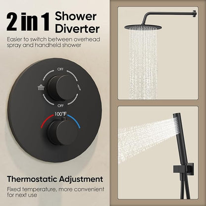 Gabrylly Thermostatic Shower Faucet Set, All Metal Shower System with Anti Scald Shower Valve, High Pressure 10" Rain Shower head with Handheld Spray Combo, Matte Black - Image 7