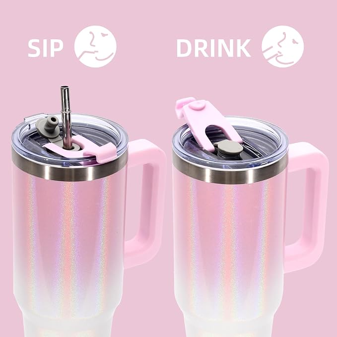 40 oz Shiny Tumbler with Handle and Straw,Stainless Steel Tumbler with Lid and Straw,Insulated Travel Mug(Cold for 34 Hours),Water Bottle for Iced Tea,Coffee (Pink) - Image 4