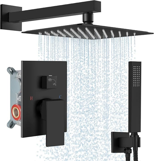 Midanya Shower Faucet Set,Wall Mount Shower System with Square Rain Shower Head and Hand Sprayer, Rough-in Valve Body and Trim Kit Included,10 Inch,Matte Black by Midanya