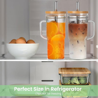 24oz Ribbed Glass Tumbler With Handle,4Pack Glass Cup with Lids and Straws,Reusable Glass Iced Coffee Cups With lids,Mason Jar Cup&Drinking Glasses for Smoothie,Shake,Juice,Soda Water,Tea,Travel Cup - Image 5