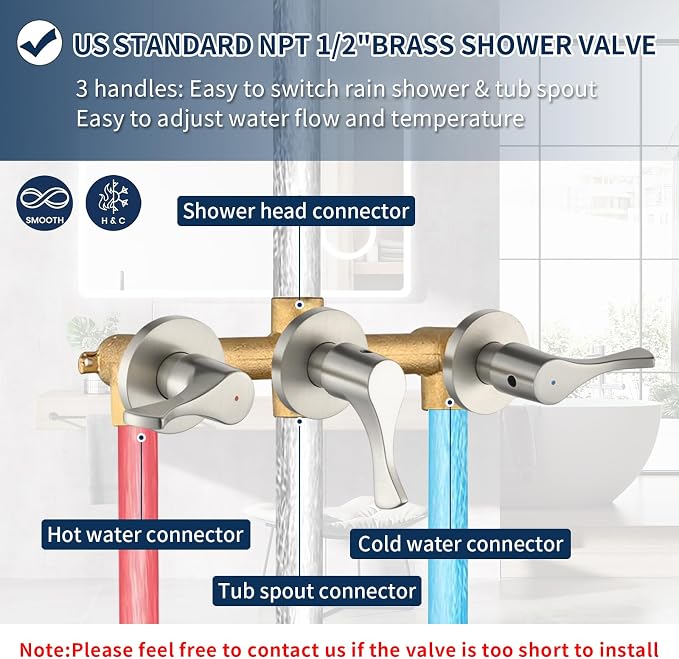 3 Handles Shower Faucet Set with Tub Spout Bathtub Shower Faucet Combo Set Shower System Complete Tub and Shower Trim Kit Brushed Nickel Wall Mounted Shower Fixtures - Image 3