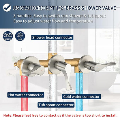 3 Handles Shower Faucet Set with Tub Spout Bathtub Shower Faucet Combo Set Shower System Complete Tub and Shower Trim Kit Brushed Nickel Wall Mounted Shower Fixtures - Image 3